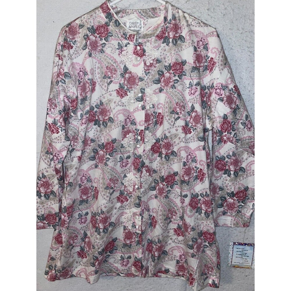 Earth Angels Womens Sz M Long Sleeve Floral Button Up Sleep Gown VTG 100% Cotton